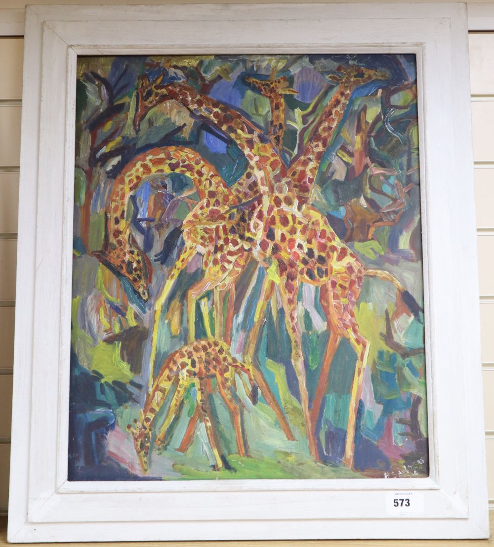 Henry Sanders (1918-1982), oil on board, Study of giraffes, signed and indistinctly dated, 60 x 50cm